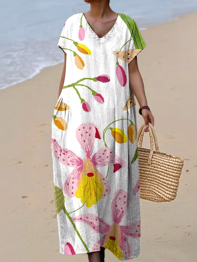 Women's Beautiful Large Flower Painting Art Print Linen And Cotton V-neck Dress
