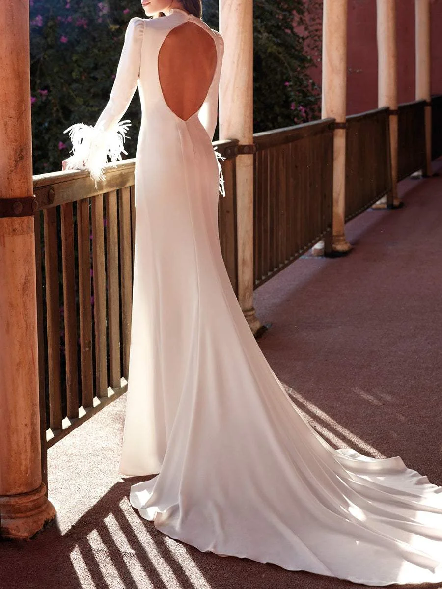 Elegant White Lace And Feather Long-sleeved Slim Dress