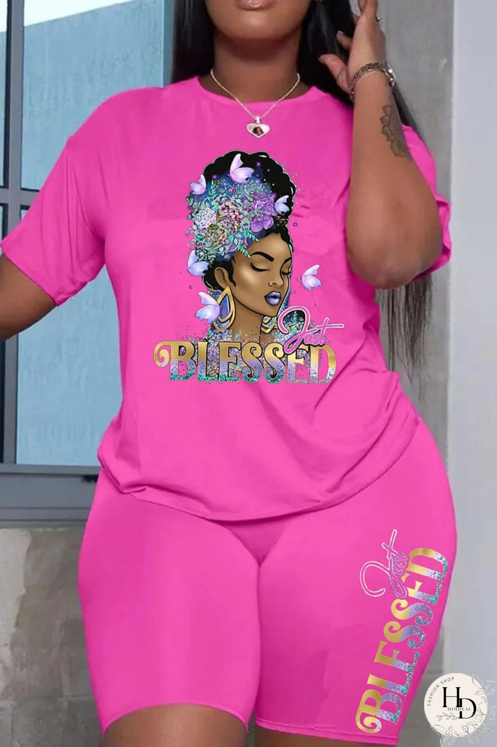 Grey Fashion Casual Print Patchwork O Neck Short Sleeve Plus Size Two Pieces