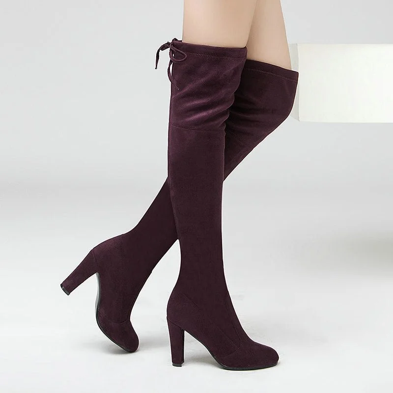 NEMAONE Women Stretch Faux Suede Thigh High Boots Sexy Fashion Over the Knee Boots High Heels Woman Shoes Black Gray Winered