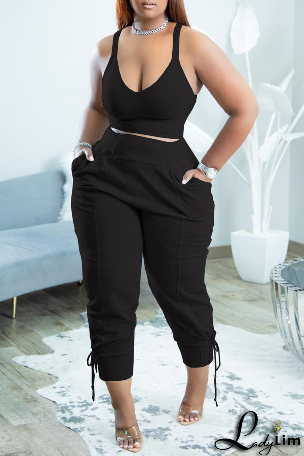 Grey Sexy Solid Patchwork V Neck Plus Size Two Pieces