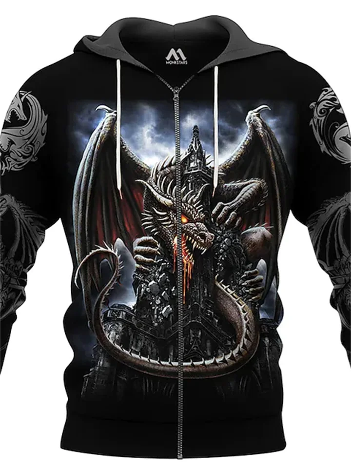 Men's Unisex Full Zip Hoodie Jacket Black Hooded Dragon Graphic Prints Zipper Print Sports & Outdoor Daily Sports 3D Print Streetwear Designer Casual Spring & Fall Clothing Apparel Hoodies