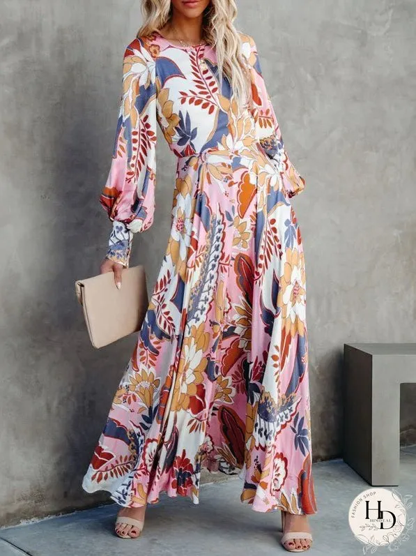Dresses Printed Crew Neck Long Sleeve Dress for Women