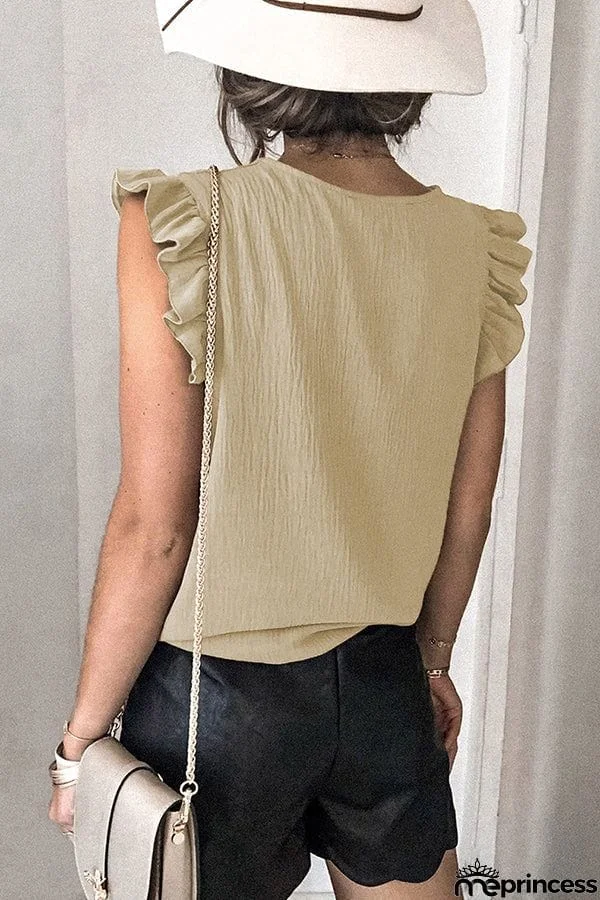 Casual T-shirt Solid V-neck Pullover Ruffle Sleeve Top