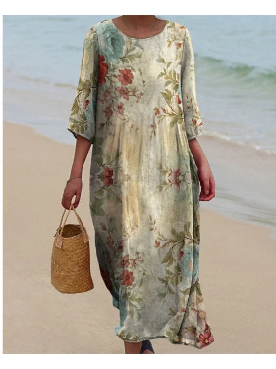 Women's 3/4 Sleeve Scoop Neck Graphic Printed Midi Dress