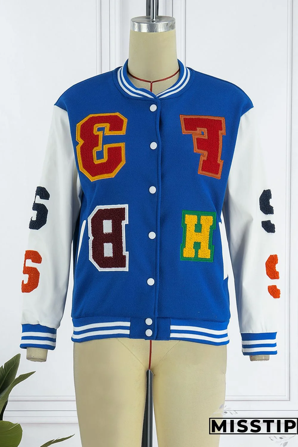 Blue Casual Letter Patchwork Contrast Turn-back Collar Outerwear