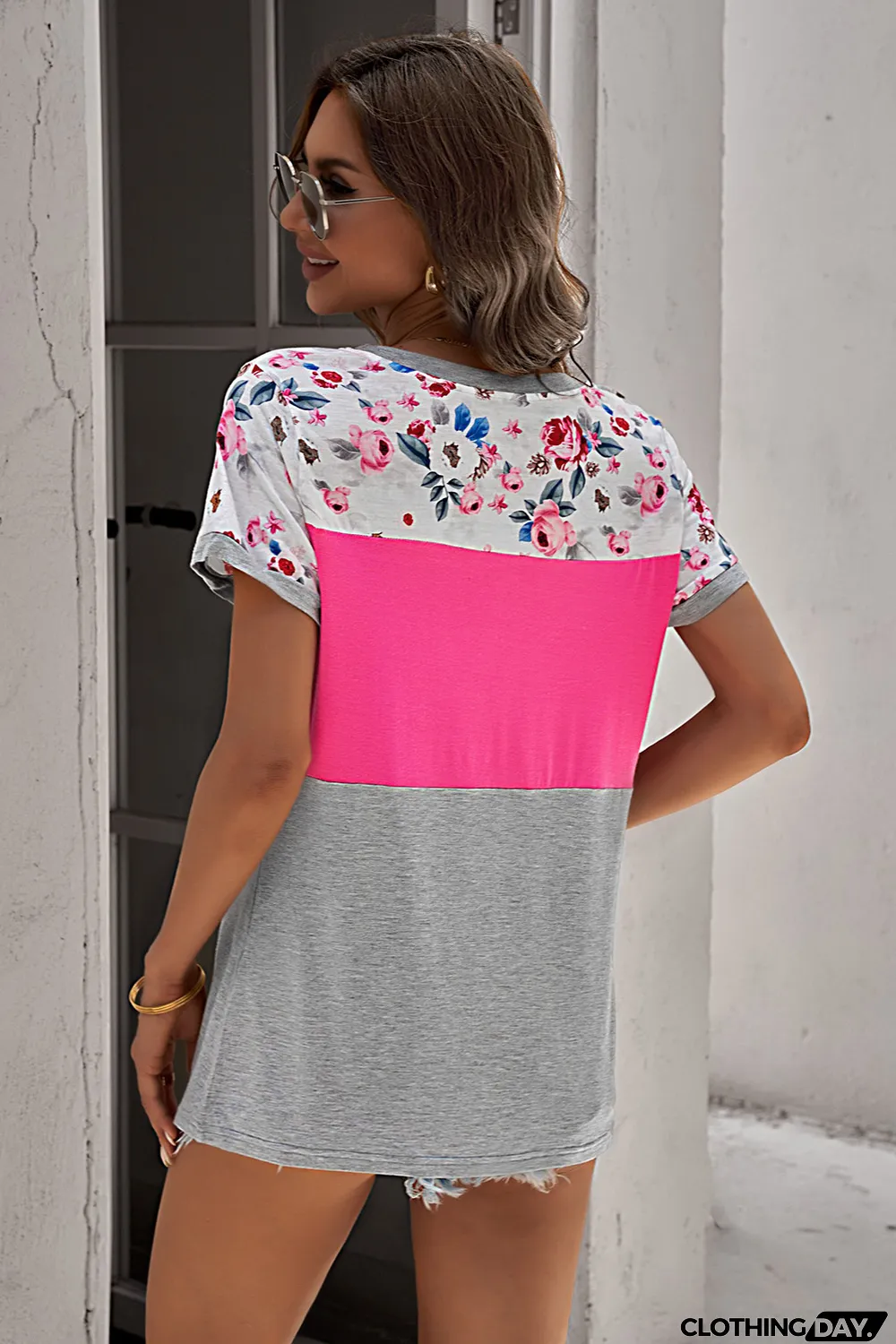 Rose Floral Print Splicing Colorblock Tee
