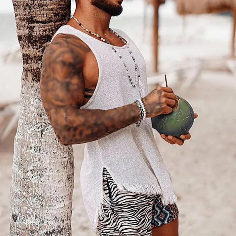Solid Color Tassel Summer Vacation Casual Sleeveless Men's Tank Tops at Hiphopee