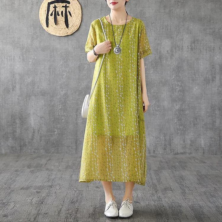 French yellow print linen Robes o neck short sleeve Plus Size Dress