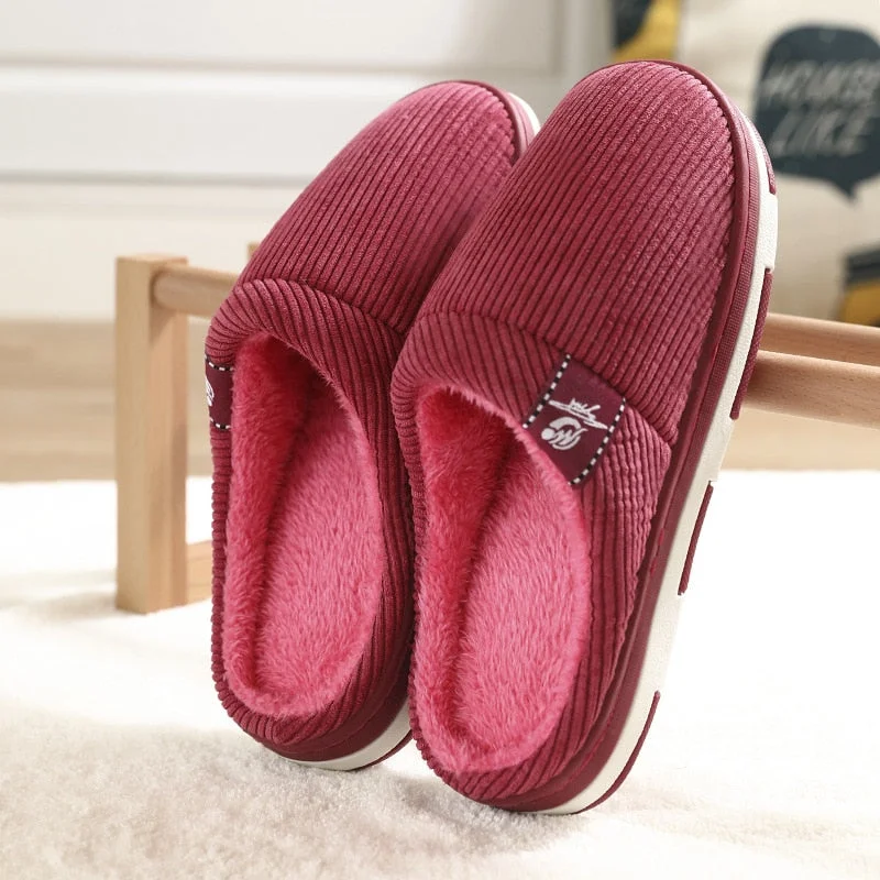 Women And Men Couple Winter Slipper Women's Stripe Pattern Cotton Shoes Men's Warm Non-Slip Thick Plush Home Fabric Slippers