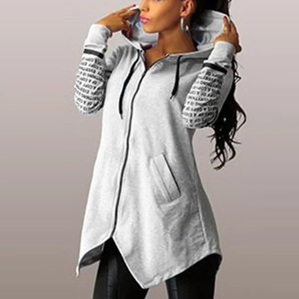 Women Fashion Letter Print Long Sleeve Hooded Coats Ladies V-Neck Zipper Irregular Hem Sweatshirts Cardigans