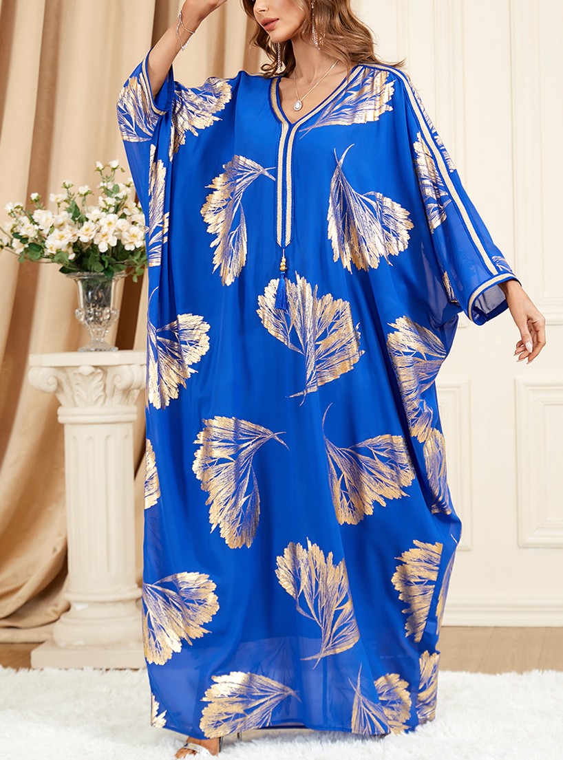 Women's Maple Leaf Hot Gold Pattern Bat Sleeve Dress | Oxredo Shop Ramadan Sale