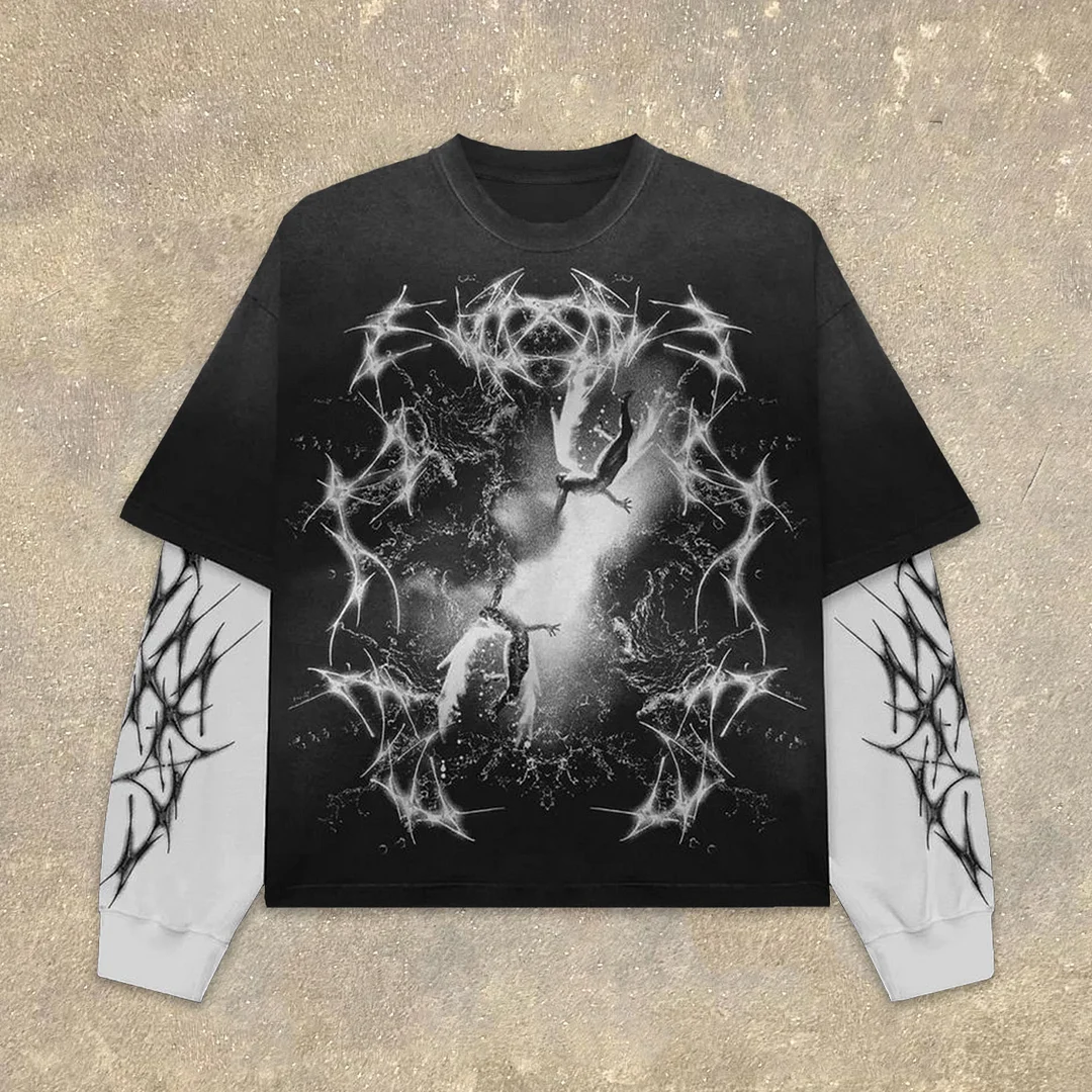 Fake Two Meeting & Separation Print Long Sleeve T-Shirt
