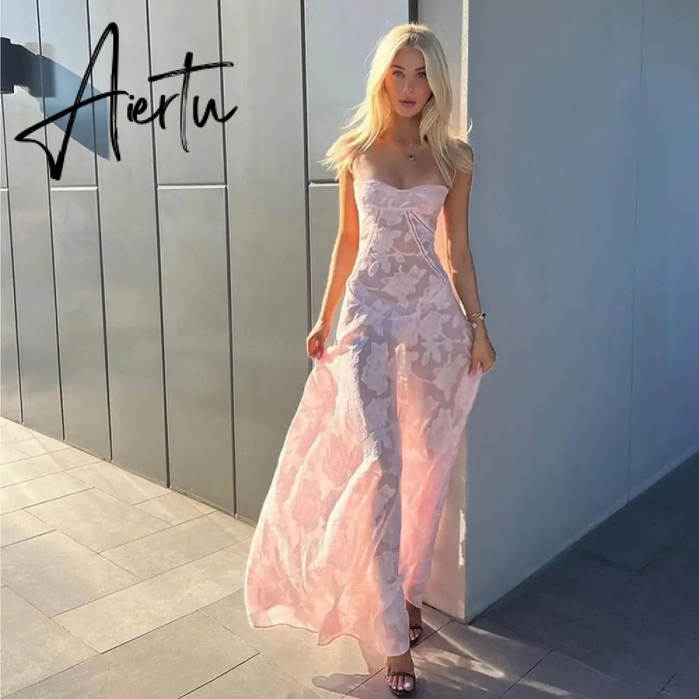 Elegant Fairy Fashion See Through Maxi Dress For Women Sexy Backless Straps Gown Club Party Long Dresses Vestidos Clothes Pink Aiertu