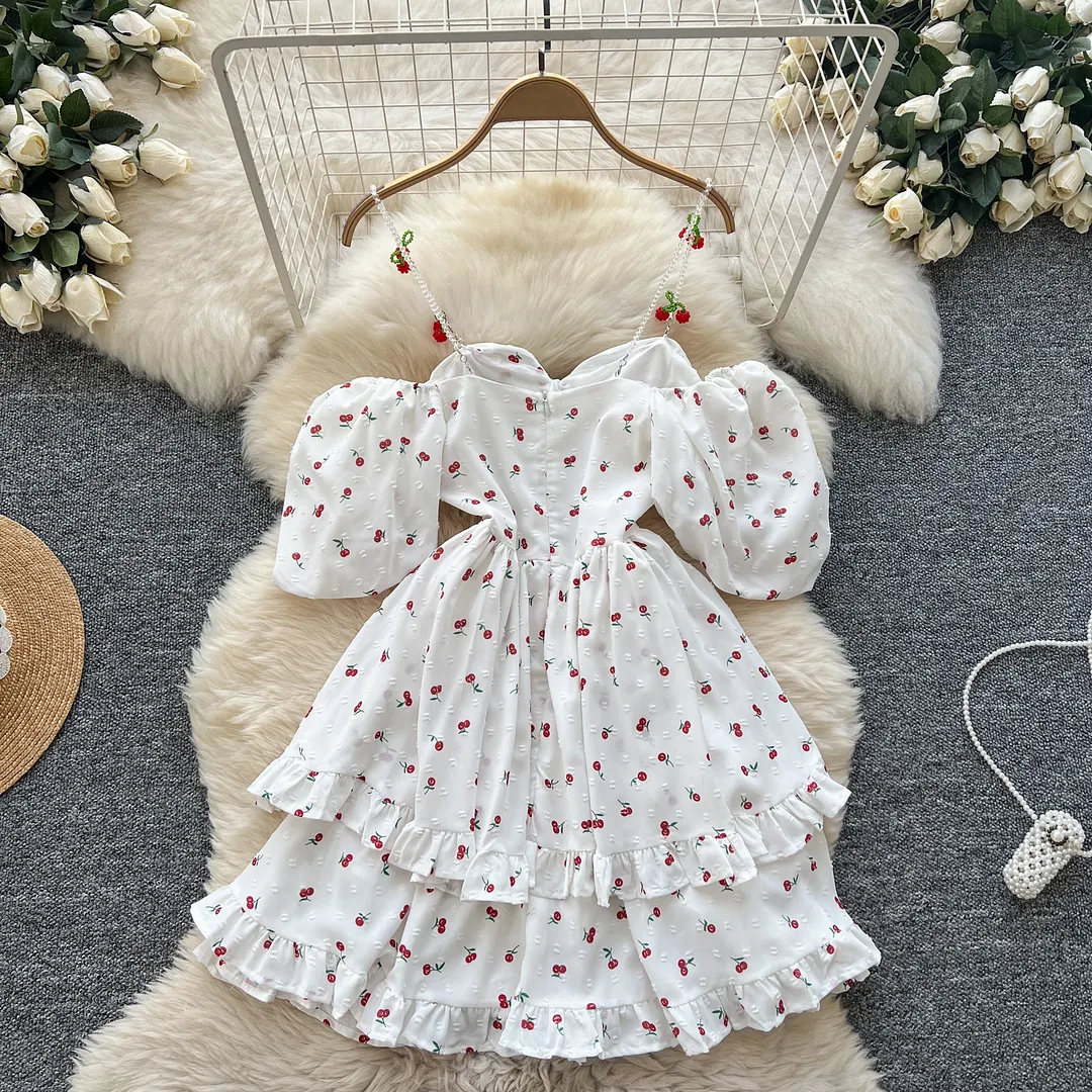 Churchf Churchf Spring And Summer Sweet Shoulder Slings Bubble Short Sleeve Cherry Print Waist Dress Women's Wooden Ear Short Skirt