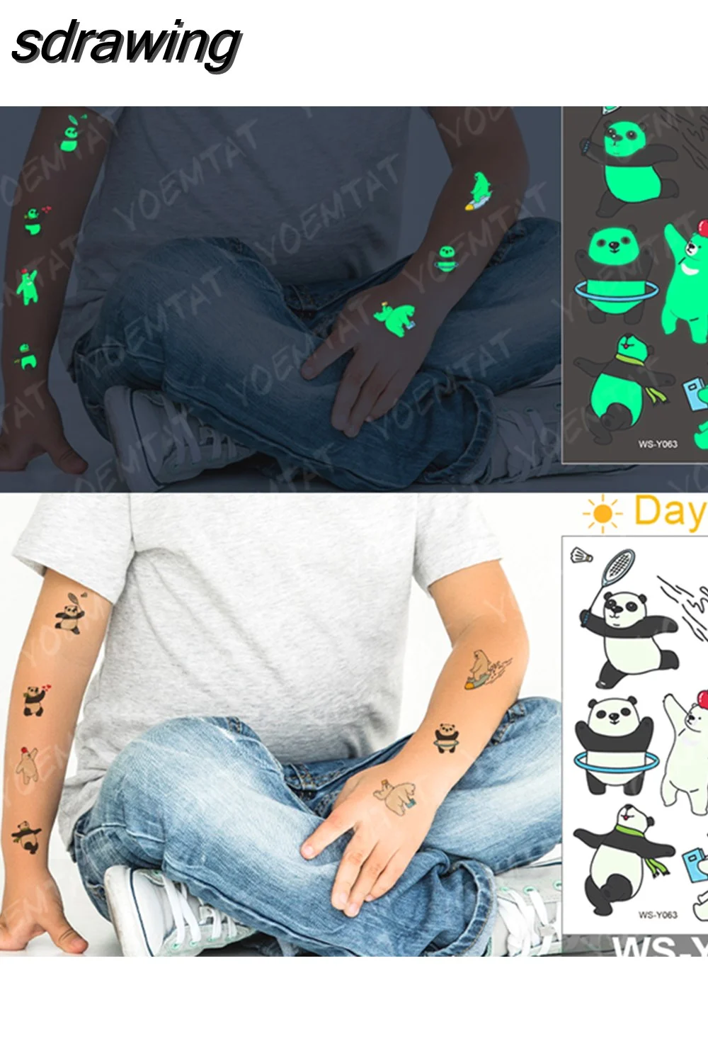 sdrawing Waterproof Temporary Tattoo Woman Sticker Panda Tiger Cute Animal Glowing Tatto Boy Girl Baby Child Kid Flash Fake Tato