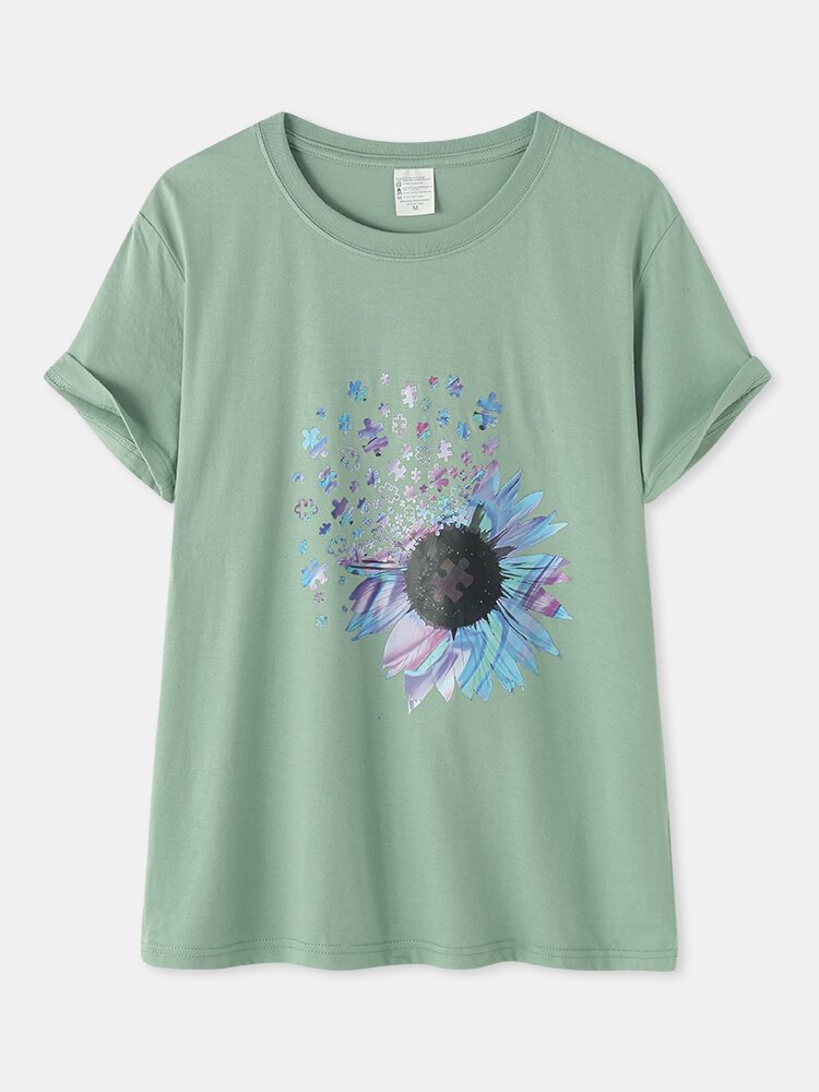 Jigsaw Flower Print O neck Short Sleeve Casual T Shirt For Women P1844266
