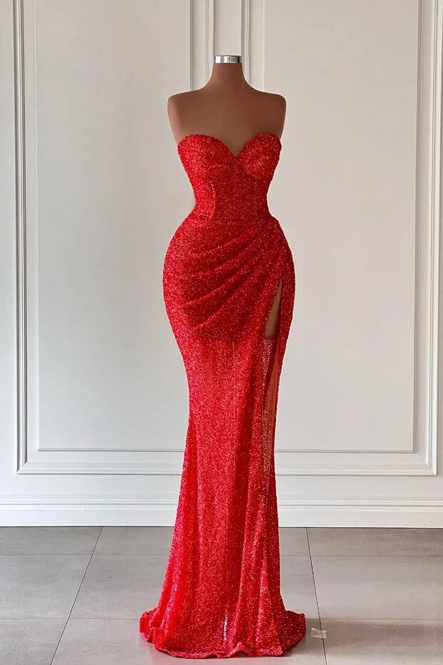 Daisda Red Sweetheart Sleeveless Long Mermaid Sequins Prom Dress With Split