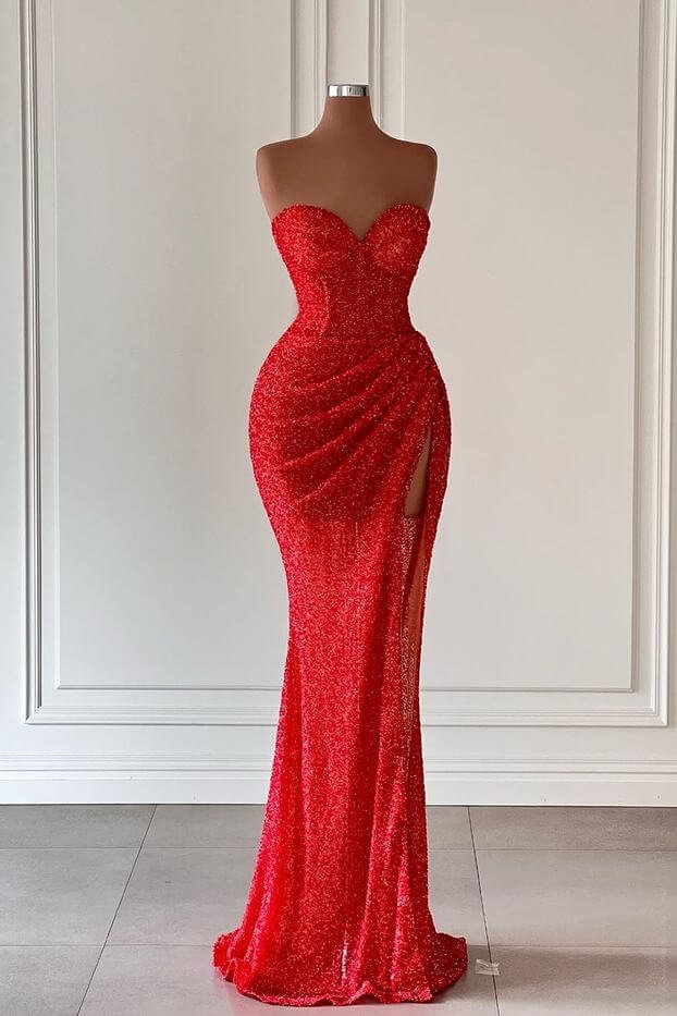 Rot ärmellos Herzförmiger Ausschnitt Lange Ballkleid mit Pailletten Abendkleid mit Schlitz ED0220 Lunass
