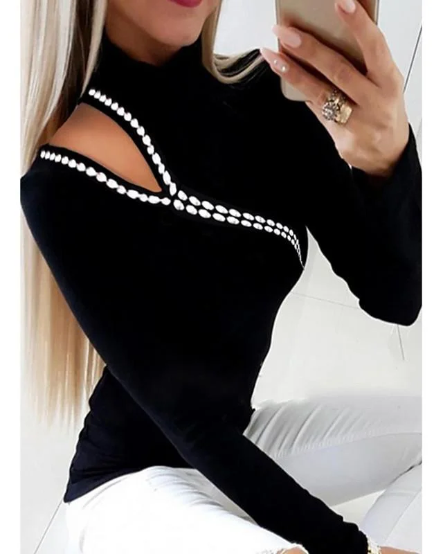 Women's Blouse Shirt Solid Colored Long Sleeve Round Neck Tops Slim Basic Top Black-0204807