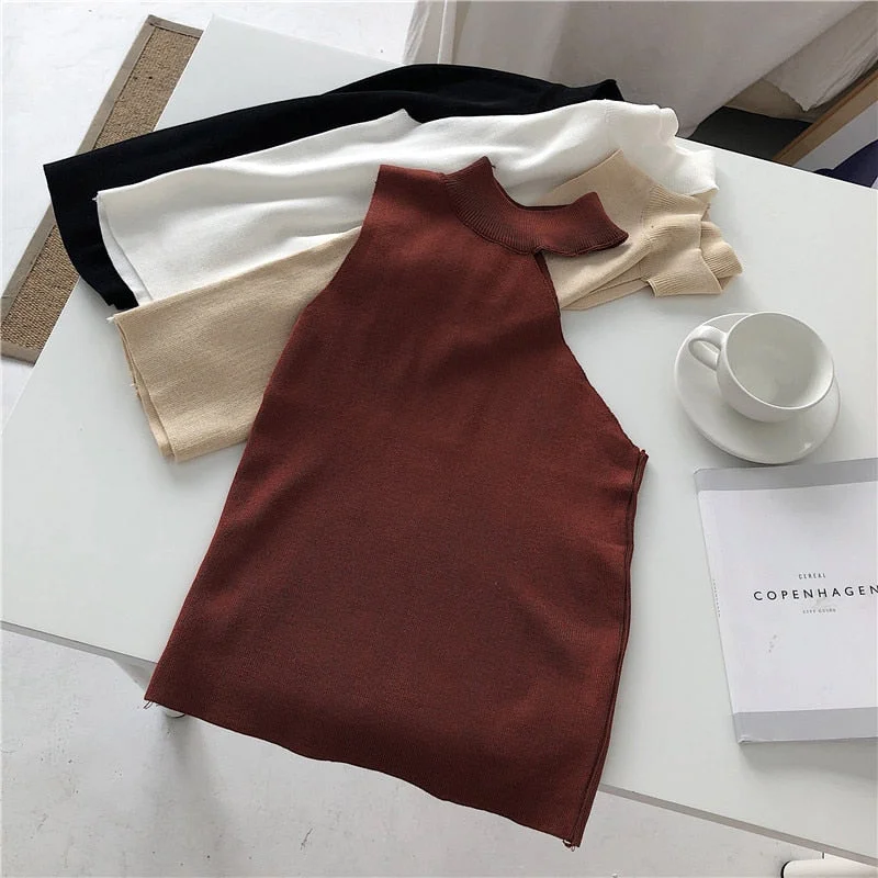 Knitted Sweater Off Shoulder Pullovers Sweater for Women Sleeveless Turtleneck Female Jumper Black White Beige Sexy Clothing