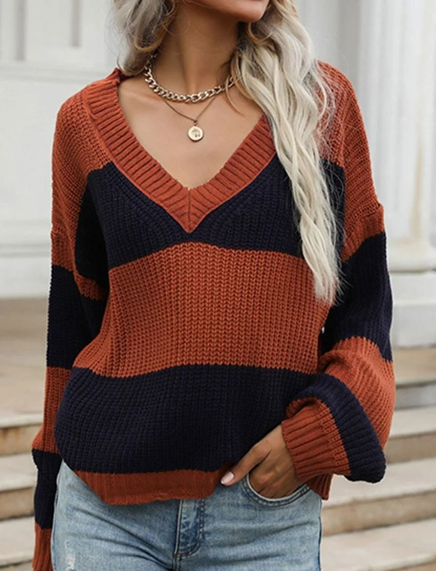 Fashion Striped V-Neck Long-Sleeved Casual Pullover