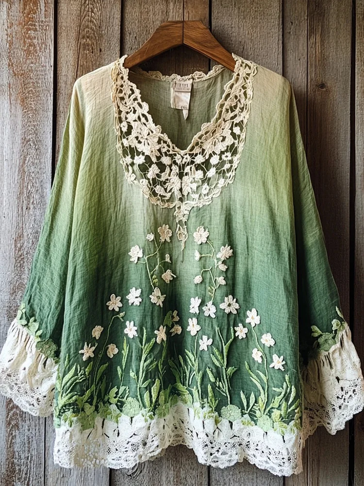 Utbros Women's Boho Floral Embroidered Lace Patchwork Linen Shirt