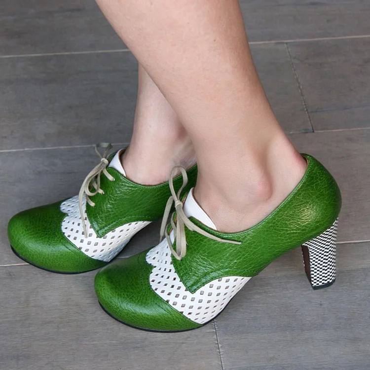 Green and White Vintage Shoes Lace up Block Heel Retro Shoes |FSJ Shoes