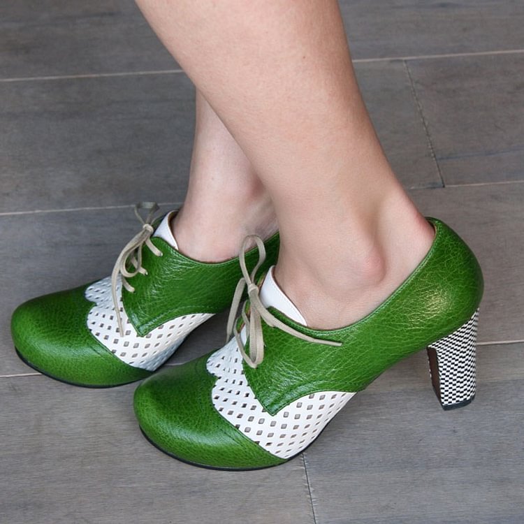 Green White Vintage Lace up Heel Retro Shoes|FSJshoes