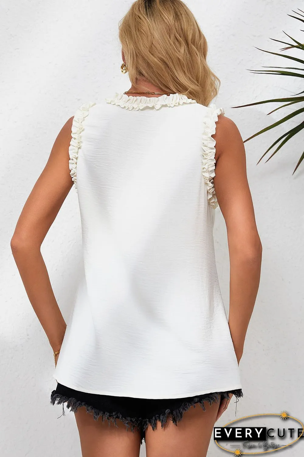 Beige Frilled Trim V Neck Tank Top