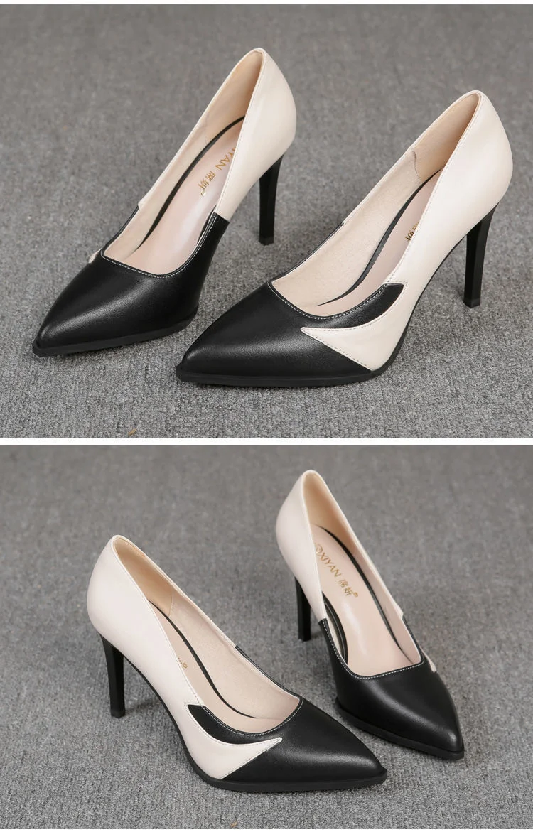 Qengg Leather Stiletto Heel Pointed Toe High Heels Shallow Mouth Color-matching Women's Shoes Black All-match Work Shoes