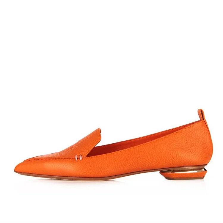 Orange Pointy Toe Low Heel Loafers for Women|FSJshoes