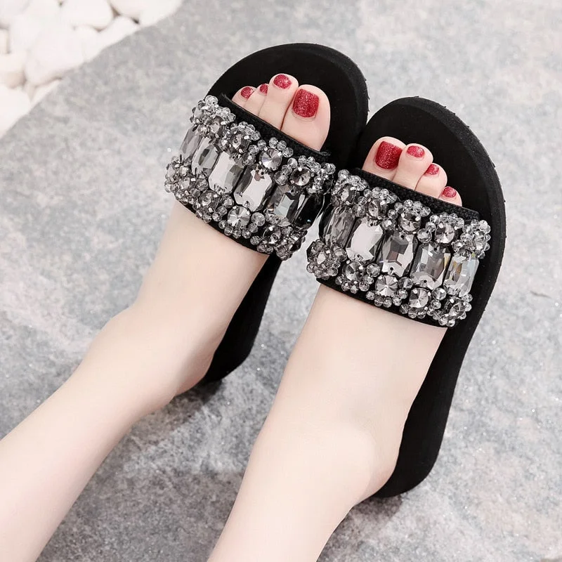 3-6cmHigh Heel Women's Summer Rhinestone Ladies Flip Flops Fashion Vacation Beach Shoes Non Slip Slip House Slippers ShoesWomen