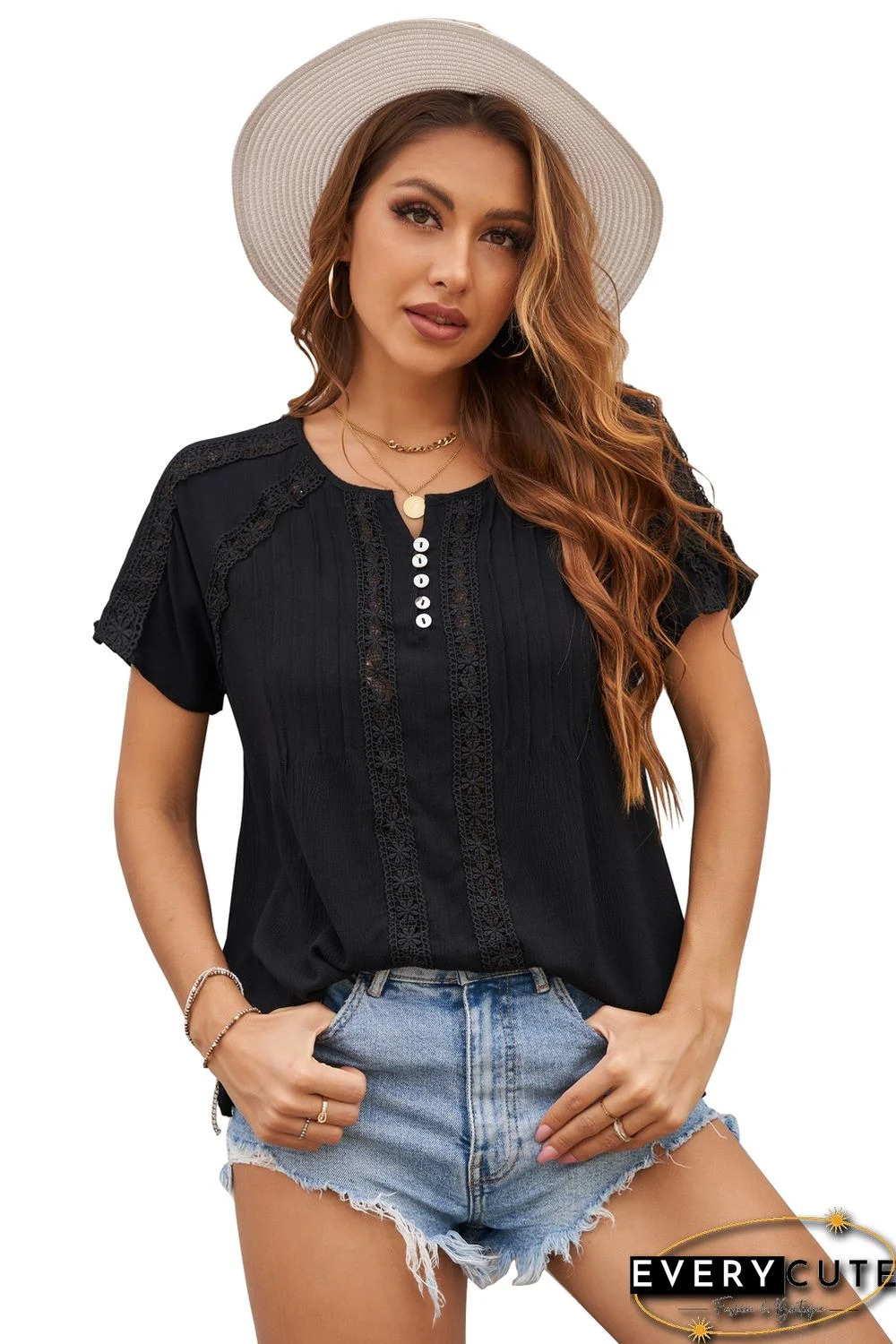 Black Crochet Eyelet Short Sleeves Top