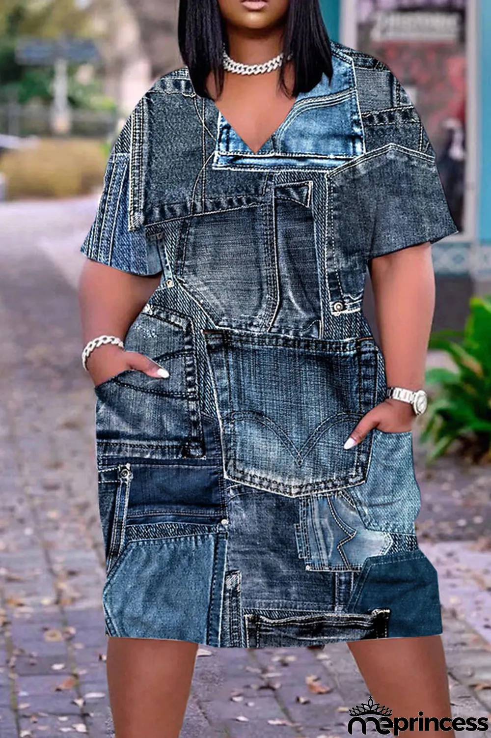 Red Casual Street Print Patchwork V Neck Straight Dresses