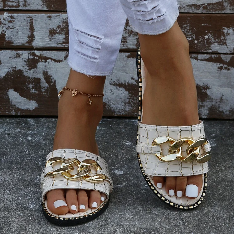 Fashion Sexy Chain Lock Solid Color Plus Size  Summer New Style Roman Style Flat Outdoor Female Slippers Women Sandals QueenFunky