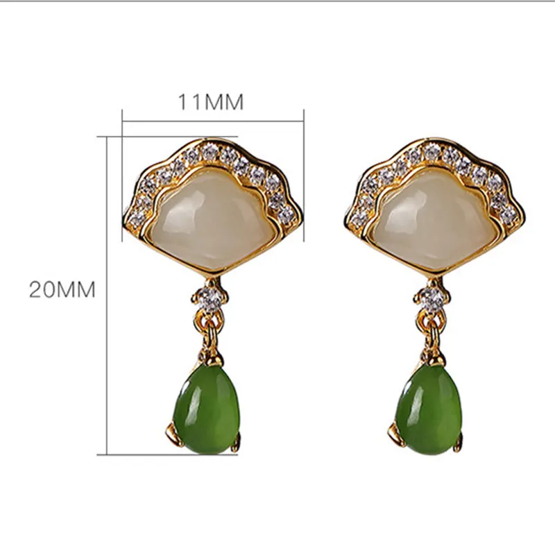 White Jade Cyan Jade Fan Water Drop Pattern Luck Drop Earrings