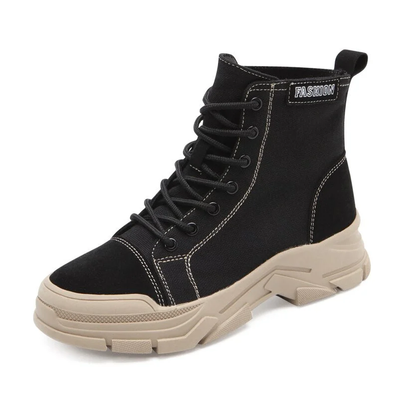 Autumn Spring Combat Boots Women Canvas Ankle Boots Hiker Chunky Army Boots Lace Up Thick Sole Military Platform Boots Ladies