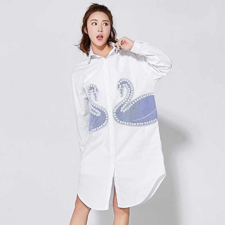 Fashion Lapel Button Striped Swan Decor Long Sleeve Single-breasted Shirt Dress 