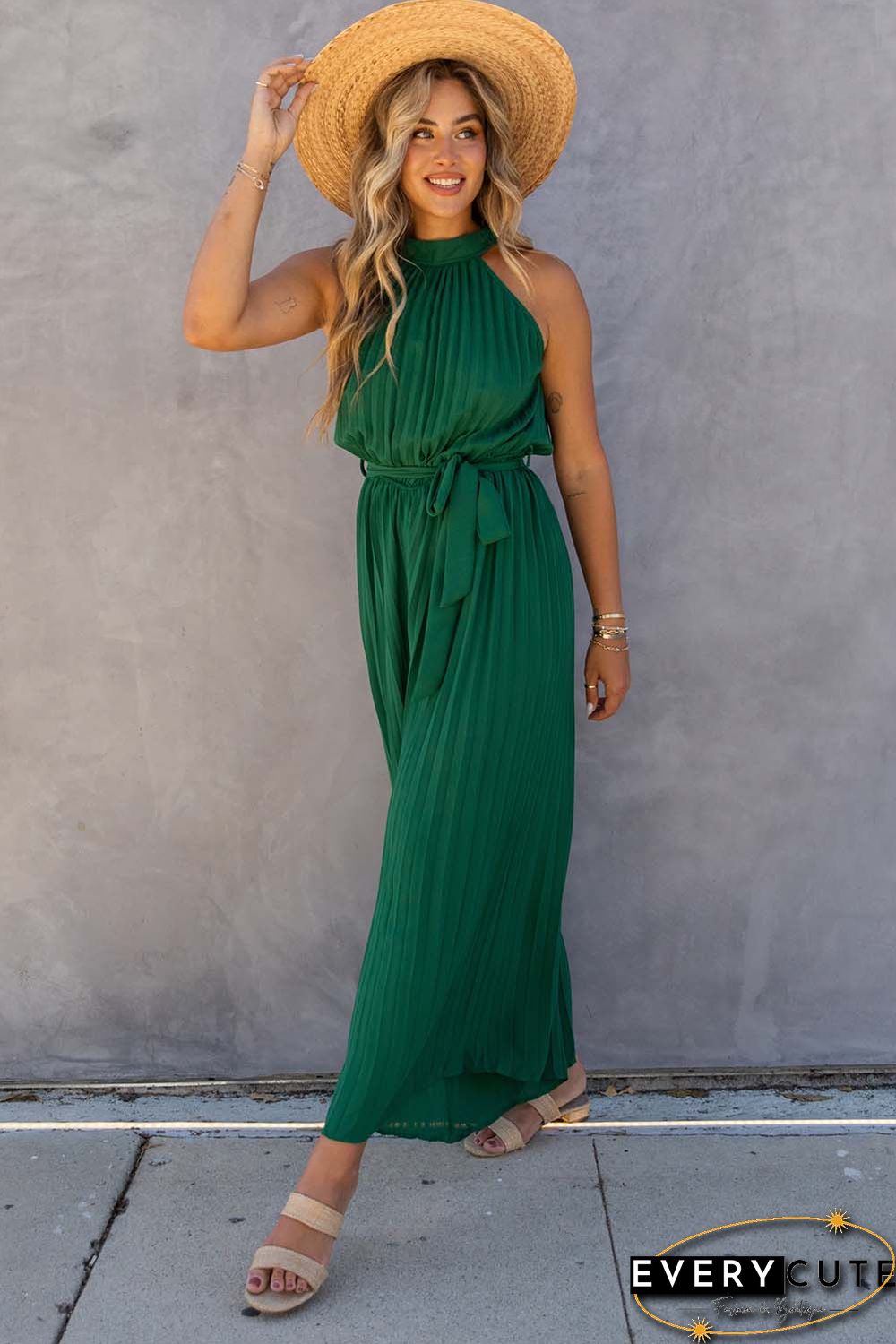 Green Halter Neck Pleated Wide Leg Jumpsuit with Belt