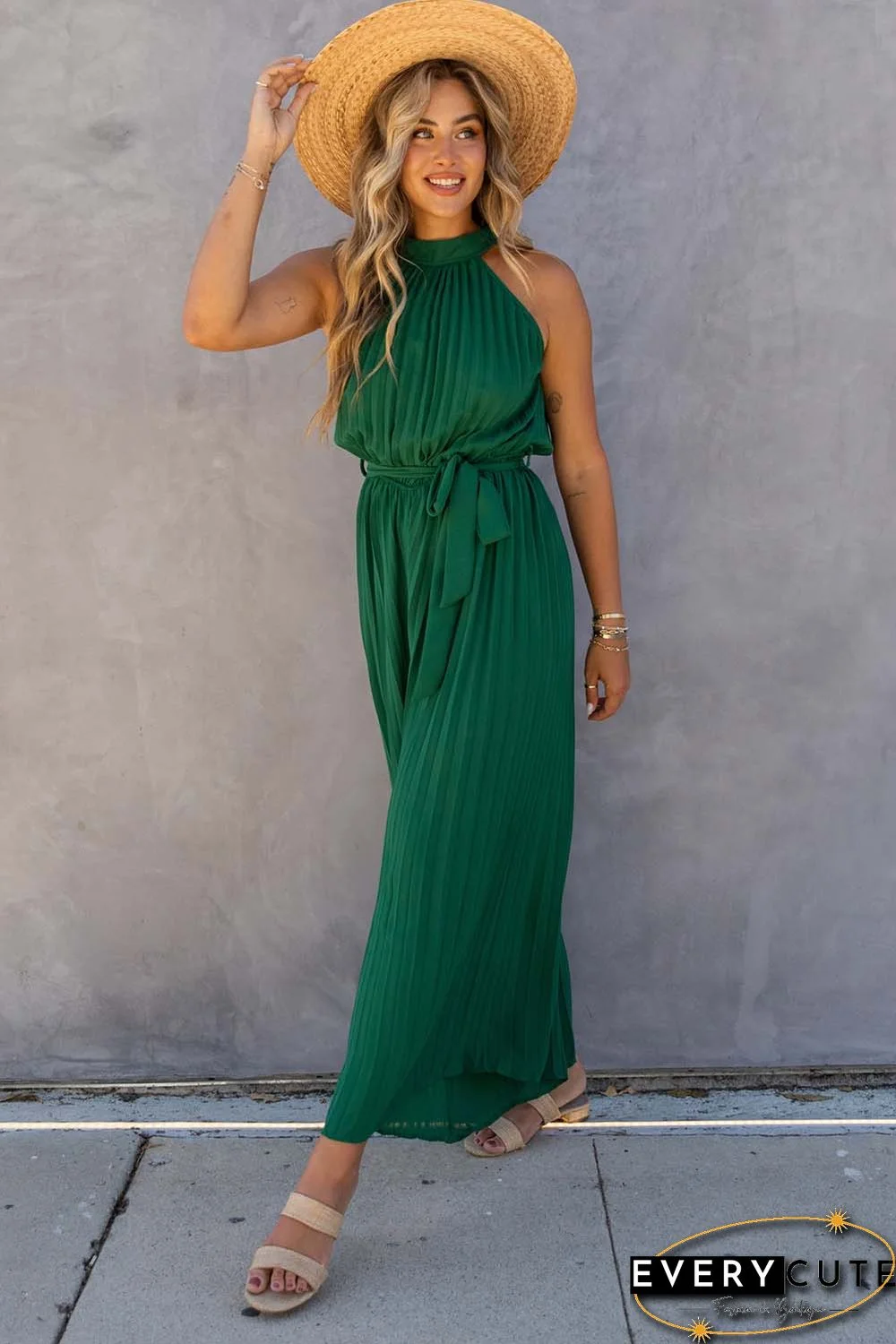 Green Halter Neck Pleated Wide Leg Jumpsuit with Belt