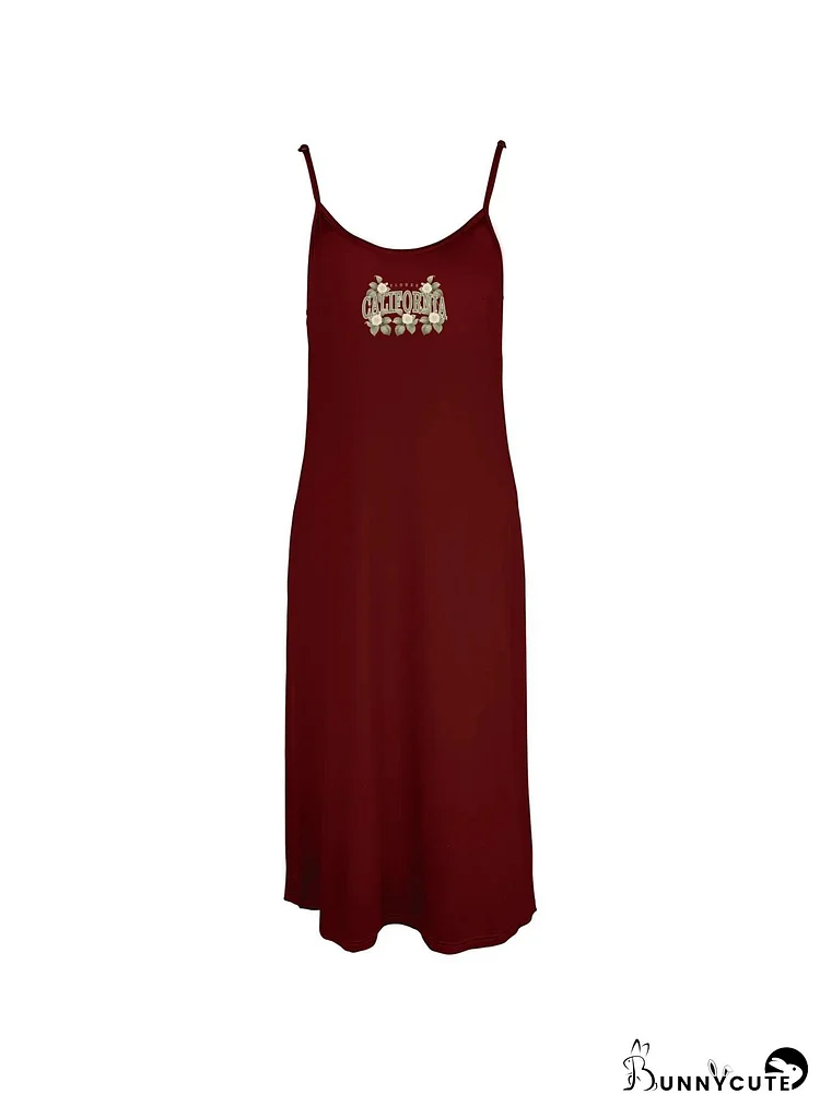 Elegant Floral "California" Graphic Print Spaghetti Strap Dress Casual Sleeveless Cami Dress Women's Clothing