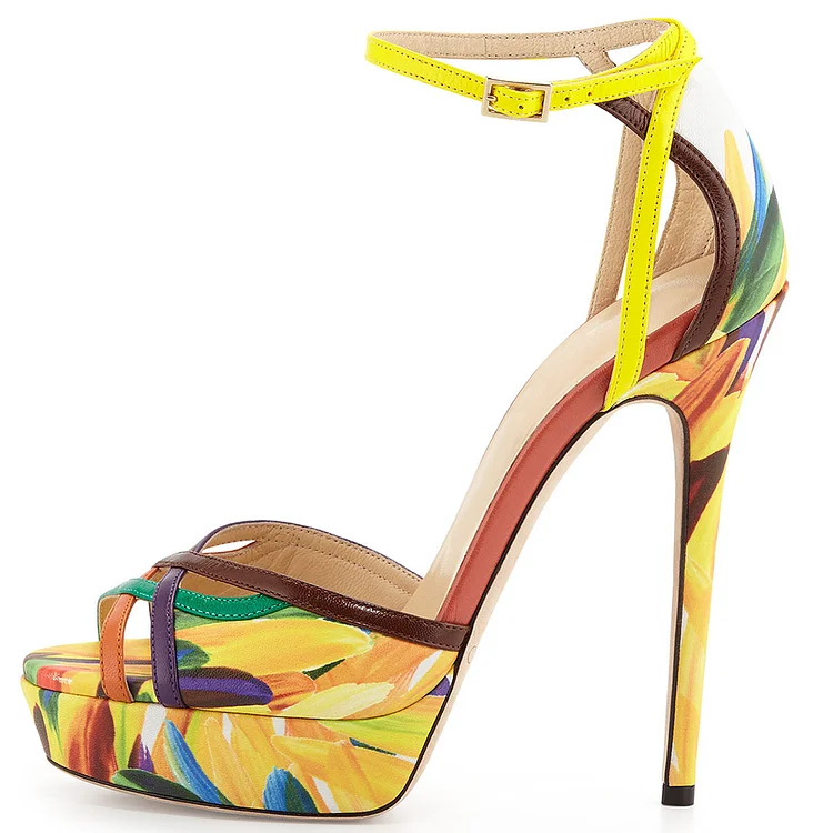 Yellow Floral Platform Peep Toe Sandals Vdcoo