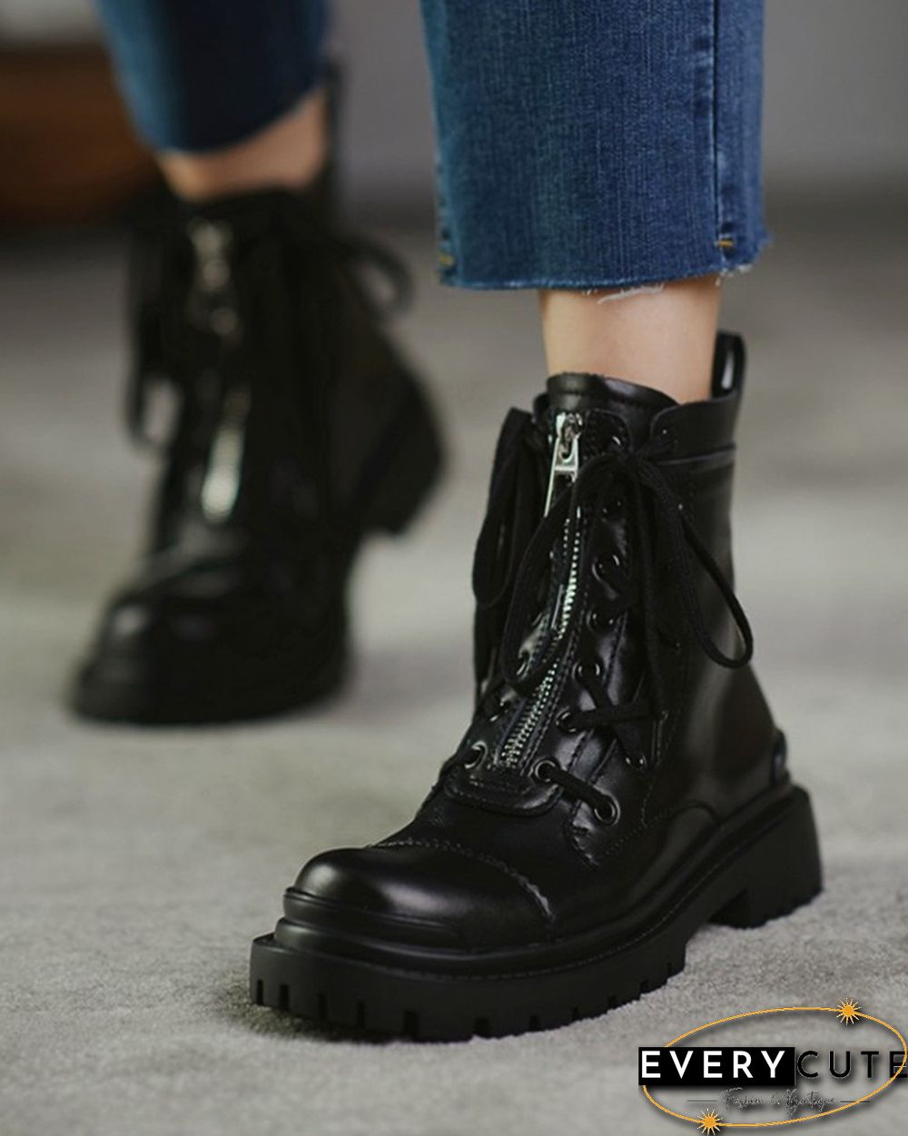 Color Patchwork Round-toe Lace-up Boots