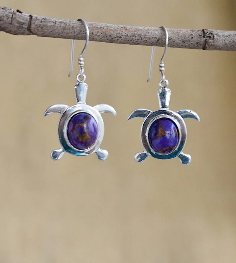 Vintage Carving Turtle Earrings for Women Trendy Metal Silver Color Inlay Purple Green Stone Hook Drop Earrings Jewelry