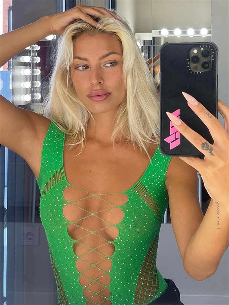 See Through Sparkly Mesh Bodysuit Women Long Sleeve Rhinestone Body Tops Hot Drill Female Party Nightclub Sexy Lingerie