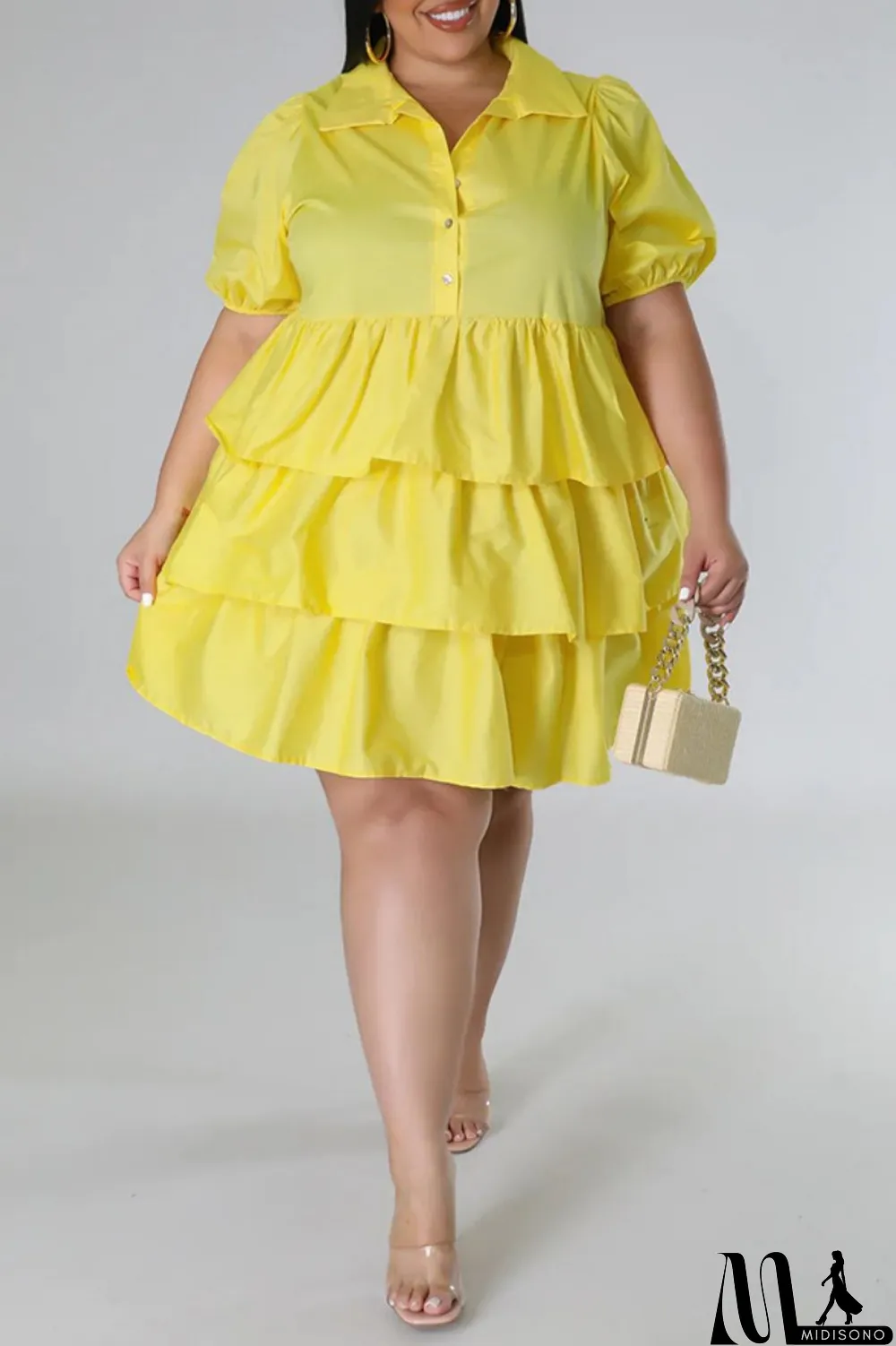 MidiSono - Light Blue Casual Solid Patchwork Turndown Collar Cake Skirt Plus Size Dresses