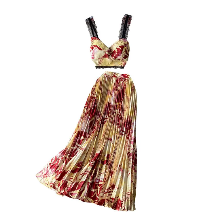 Bohemian Style High Waist Pleated Two Piece Set Long Maxi Casual
