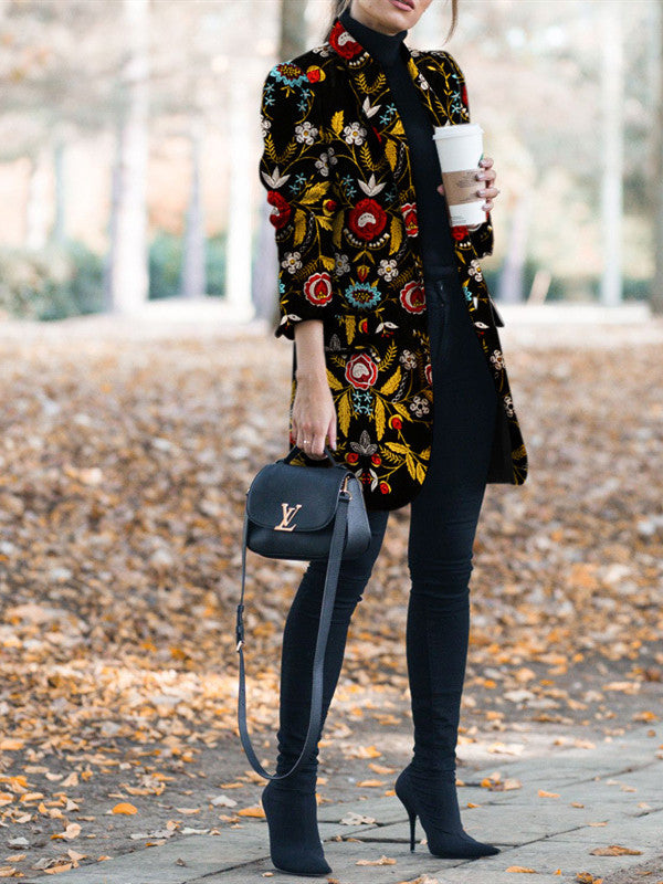 Winter Flower Print Pattern Coats Long Sleeve Vintage Coat Casual Women Slim Jacket Female