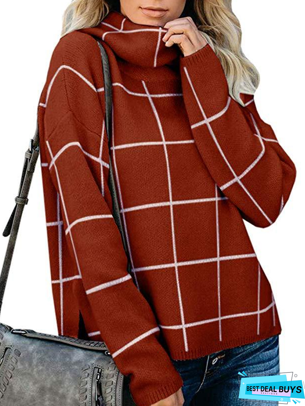 Plaid Sweater Pullover Turtleneck Pullover Checked Sweater